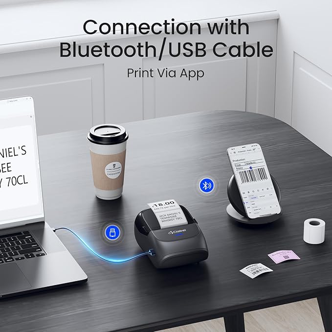 CLABEL Label Maker Machine with Tape, 221B Thermal Bluetooth Label Printer 2 Inch Portable Barcode Inkless Sticker for Small Business, Retail Office,Office, Home, Came with 1 Roll Label (Grey)