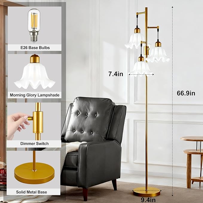 Lightdot 67IN 3-Light Flower Floor Lamp for Living Room, Dimmable Gold Tree Floor Lamps with Acrylic Shade for Wedding/Party, Floral Tall Lamp for Bedroom/Sofa Beside/Corner Decor(Bulb Included)