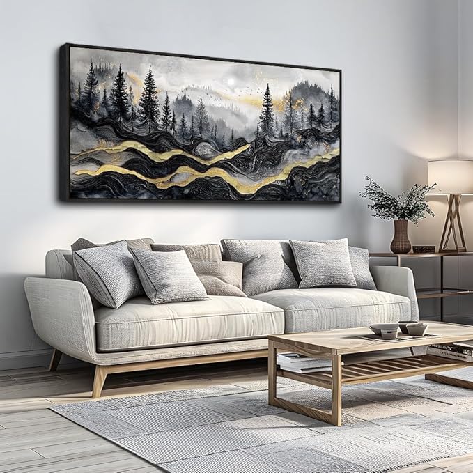 KELIYUAAN Large Canvas Wall Decor For Living Room Black Framed Wall Art For Bedroom Office Restaurant Murals Abstract Mountain Landscape Painting Wall Print Artwork Pictures Home Decor 30"X60"