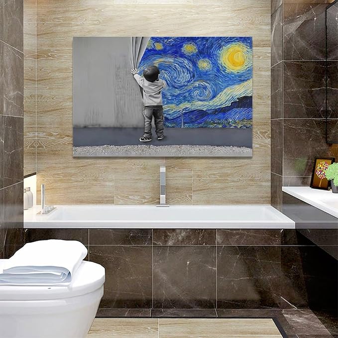 Banksy Wall Art Boys Starry Night Street Graffiti Pictures Wall Decor Kids Canvas Painting Pop Home Modern Artwork Decorations Framed for Living Room Bedroom Bathroom Office 24 x 16 inch