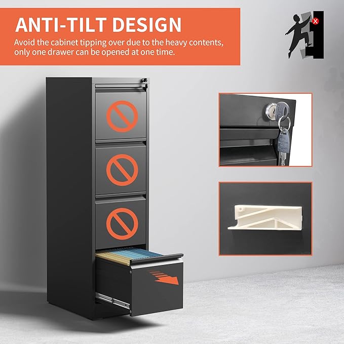 4 Drawer File Cabinet with Lock,Metal Filing Cabinets,Black Vertical File Cabinet for Home Office,Heavy Duty Metal Storage Cabinet for A4/Letter/Legal Size File,Assembly Required