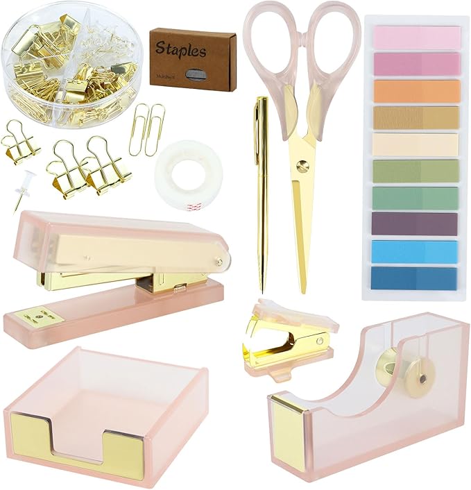 MultiBey Pink Gold Acrylic Sticky Notes Holder Stapler and Tape Dispenser Cutter with Sticky Notes, 950 Staples & Tape, Staple Remover, Scissor, Ballpoint Pen, Paper Clips Set for Women Office Home
