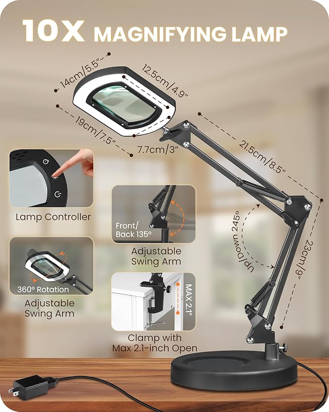 10X Round Magnifying Glass with Light and Stand, 2-in-1 LED Lighted Desk Lamp & Clamp, 5 Color Modes Stepless Dimmable, Hands-Free Magnifier Desk Lamp for Reading Craft Close Work B02DL05