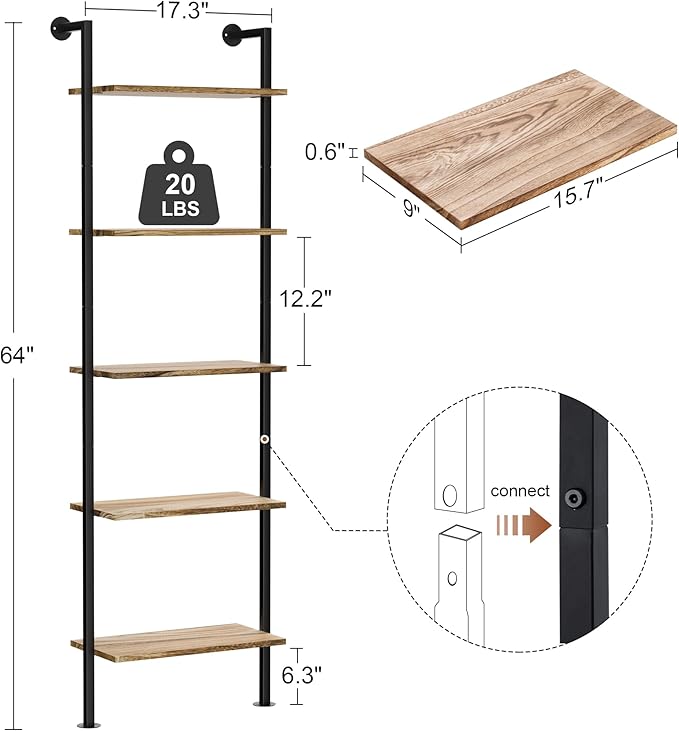 5-Tier Solid Wood Bookshelf, Narrow Book Shelf Set of 2, Wall Mount Ladder Shelf, Storage Rack for Living Room, Bedroom, Industrial Style, Rustic Brown
