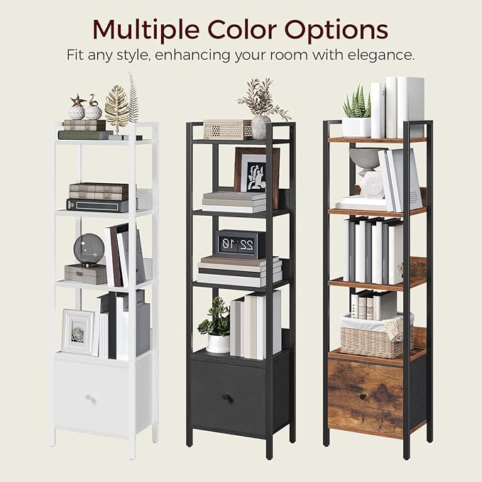 Bookshelf, 5-Tier Bookcase with Drawer, Small Book Shelf for Small Space, Storage Shelf Organizer, for Living Room, Bedroom, Study, Kitchen, White BKWT55101