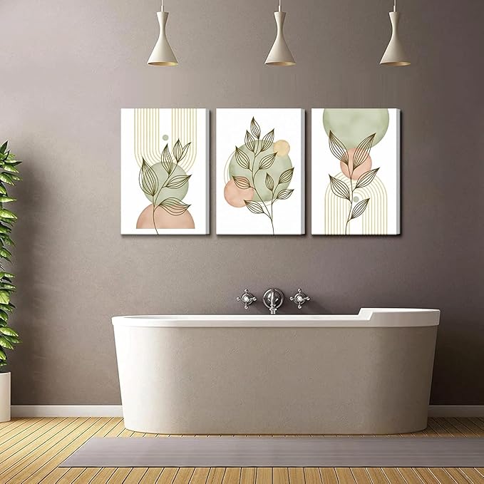 3Pcs Framed Sage Green Boho Canvas Wall Art Modern PinkBotanical Posters Print Abstract With Leafr Pictures Wall Decoration For Living Room Bedroom Bathroom