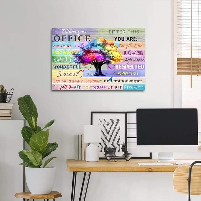 Inspirational Wall Art Office Motto Decor Quotes Colorful Tree Signs Pictures Wonderful Linen Painting Motivational Wall Decals for Home Office Room Decor Framed Canvas Prints 20x24 inches