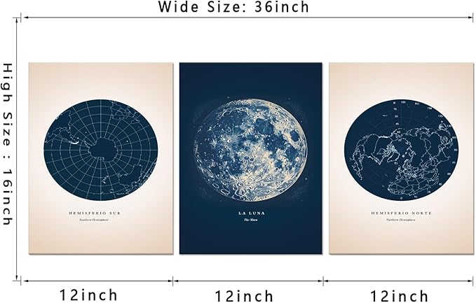 3 Piece Wall Art for Living Room - Astronomy Canvas Painting Star Map Print Constellation Pictures Moon Poster Nautical Wall Decor Navy Blue Artwork Framed for Bedroom Home Office, 12x16inx3Pcs