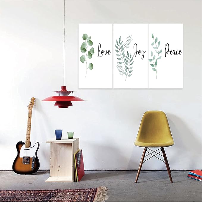 3 Piece Inspirational Wall Art, White Plants Background Picture, Quotes "Love Joy Peace" Canvas Print for Bedroom Decor, Triptych Entrepreneur Painting Framed Artwork for Gym Wall Decor (36"Wx18" H)