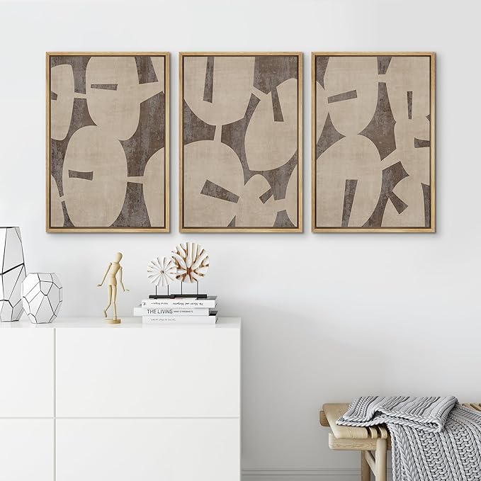 SIGNFORD Framed Wall Art Print Set Geometric Block Abstract Shapes Illustrations Modern Decorative Multicolor Relax/Calm Chic for Living Room, Bedroom, Office - 24"x36"x3 Natural