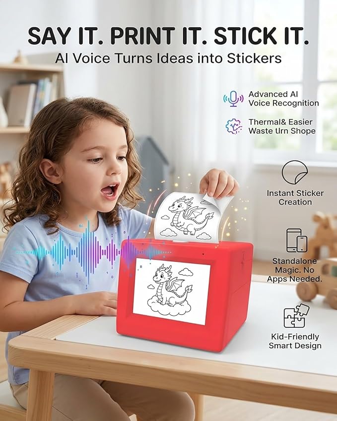 Ai Sticker Maker Machine Box Mini Smart Voice Inkless Portable Thermal Display Label Photo Stickers Printer Kids Creative Stamper Toy for Home Office Scrapbooking DIY Crafts Gift Wrapping(2PCS)