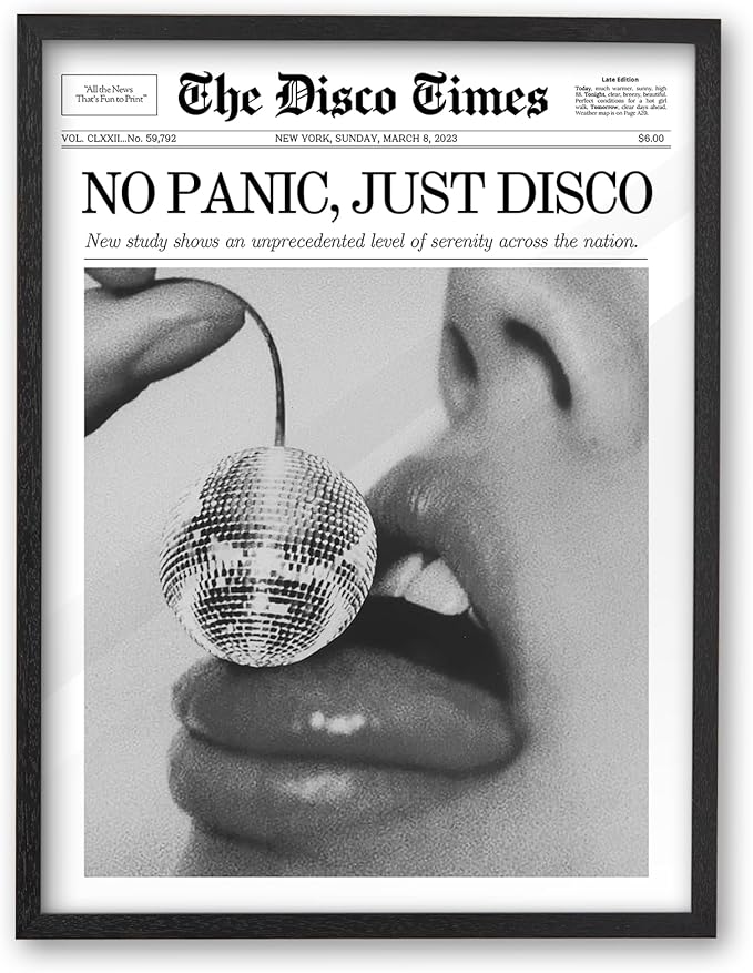 iHery Premium Natural Black OAK Wood 12x16in No Panic Just Disco Trendy Framed Wall Art, Retro Cherry Disco Ball Headline Magazine Canvas Wall Decor For Girly Dorm Bedroom Living Room 1Pack
