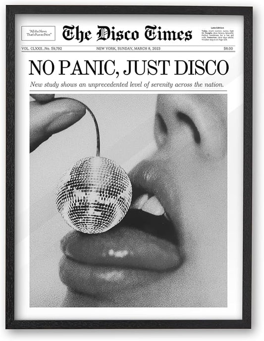 iHery Premium Small Natural Black OAK Wood 8x10in No Panic Just Disco Trendy Framed Wall Art, Retro Cherry Disco Ball Headline Magazine Canvas Wall Decor For Girly Dorm Bedroom Living Room 1Pack