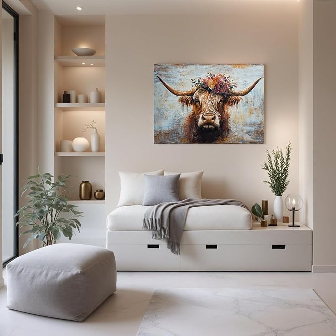 Canvas Wall Art Decor Modern Wall Art Picutures for Living Room Artwork for Wall Decor Vintage Wall Art Decor Highland Cow Wall Art Prints Artwork for Walls Home Bedroom Office Decorations 32" X 48"