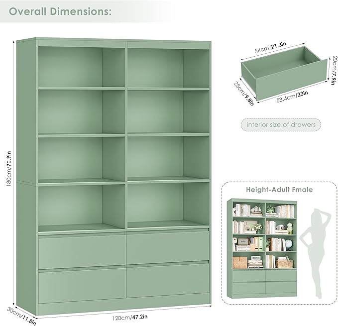 FINETONES Bookshelves and Bookcase, 47.3" Double Wide Bookshelf with Drawers, 71" Tall Bookshelf Large Open Book Shelf Standing Book Case for Home Office, Green