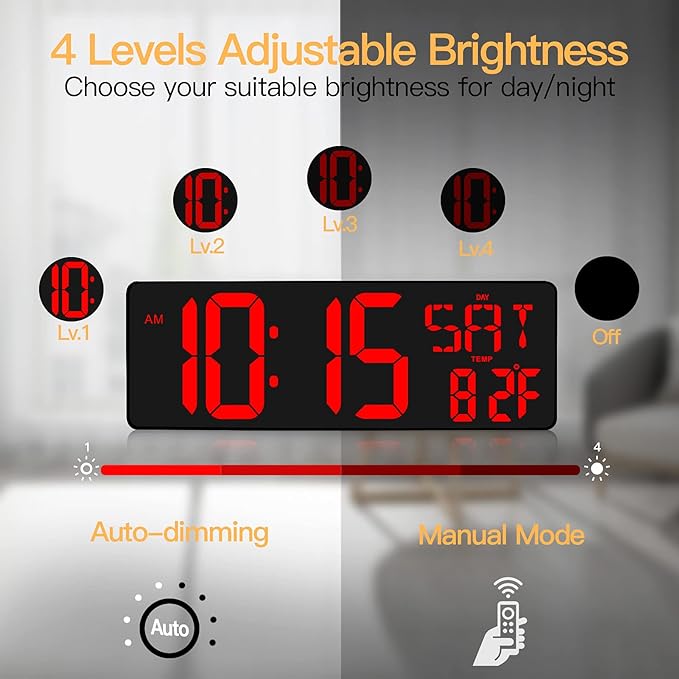 XREXS Large Digital Wall Clock with Remote Control, 16.5 Inch LED Large Display Count Up & Down Timer, Adjustable Brightness Alarm Clock with Day/Date/Temperature for Home, Gym, Office and Classroom