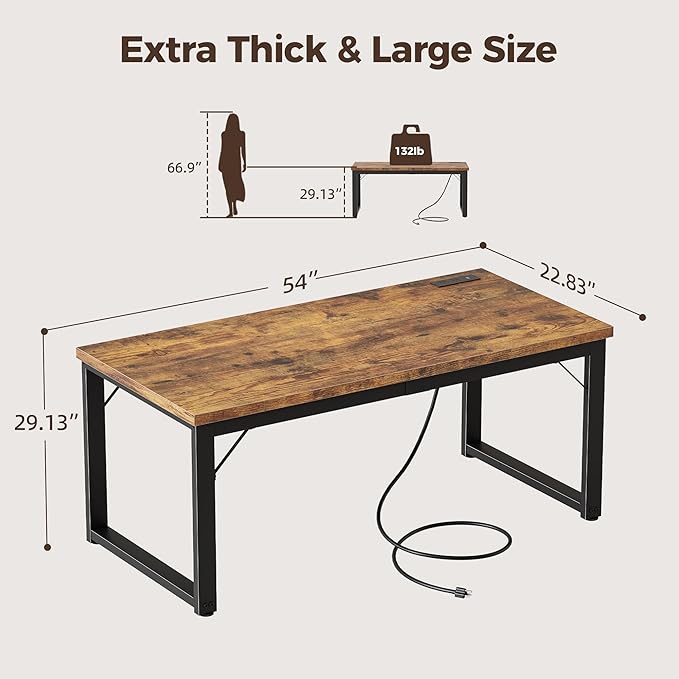 Mericonia 54 Inch Computer Desk with Power Outlets, 1.2" Thick Heavy Duty Industrial Office Desk, Modern Simple Study Writing Table for Home Office Bedroom Workstation, Brown