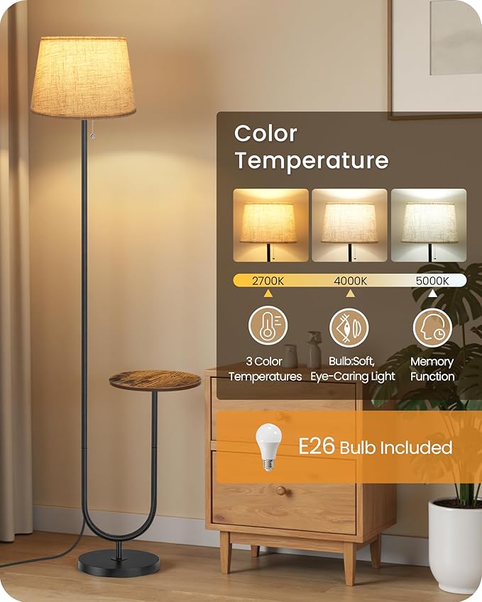 Floor Lamp with Side Table, Standing Lamp for Living Room with Tray, Pull-Chain Switch, for Living Room, Bedroom, 3 Color Temperatures, 9W LED Bulb Included, Rustic Brown and Beige FE21LD05