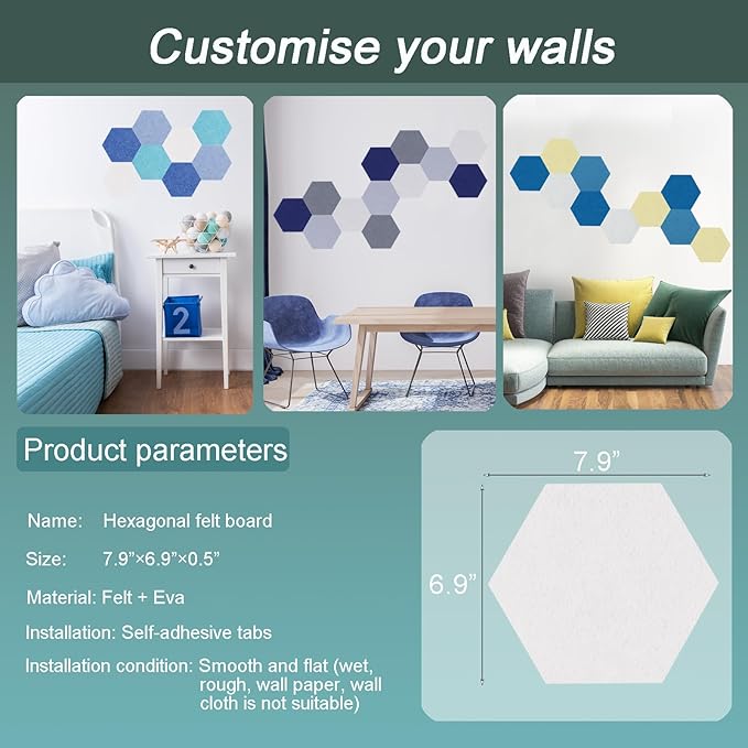 Felt Bulletin Board Tiles, 8 Pcs Hexagon Wall Tiles with Removable Adhesive, 7.9×6.9 Inch Cork Pin Board for Classroom, Home, Office (Set F, Middle)