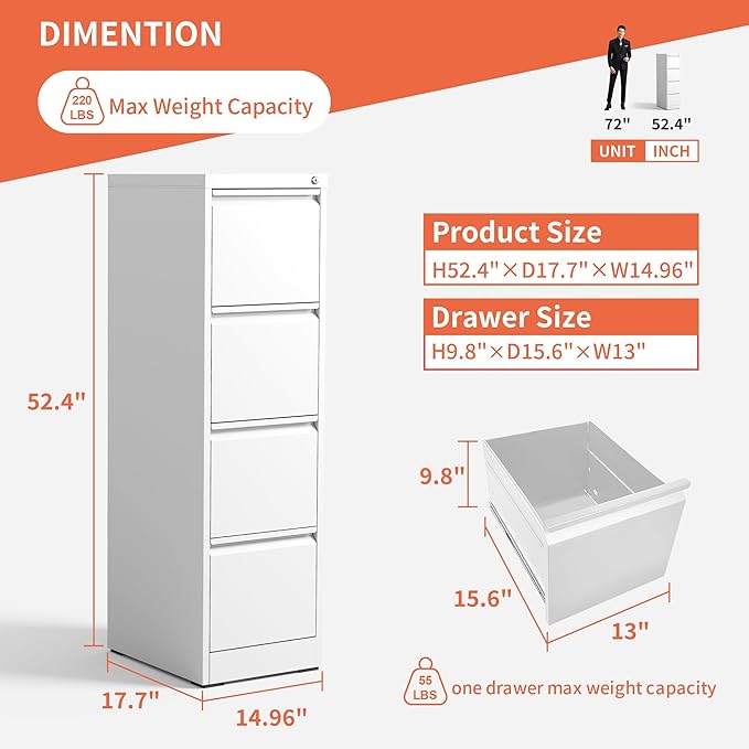 4 Drawer File Cabinet,Metal Filing Cabinets for Home Office,Vertical File Cabinet with Lock,Heavy Duty Metal Storage Cabinet for A4/Letter/Legal Size Files,Assembly Required