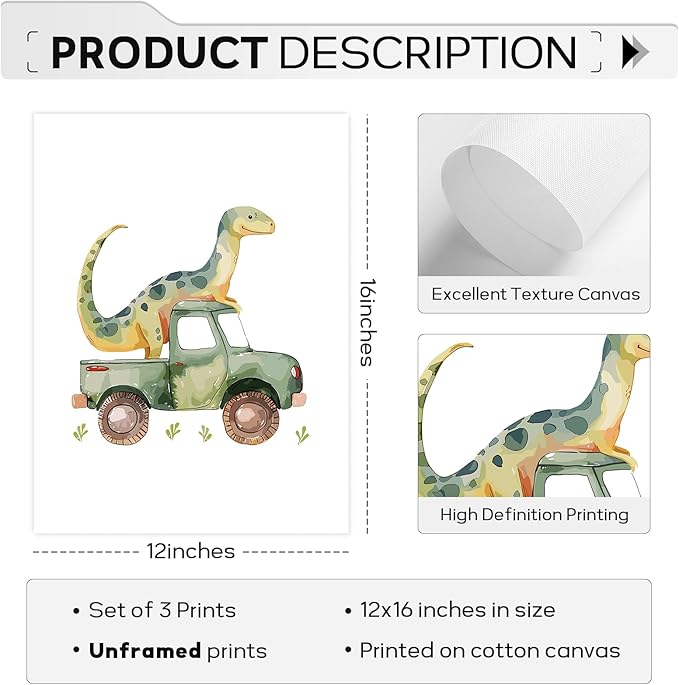 Dinosaur Nursery Wall Art Kids Canvas Poster Baby Boy Nursery Wall Decor Green Dino Pictures Toddler Prints Cartoon Dino Car Painting Boys Room Artwork for Bedroom Bathroom 12x16x3 Inch Unframed