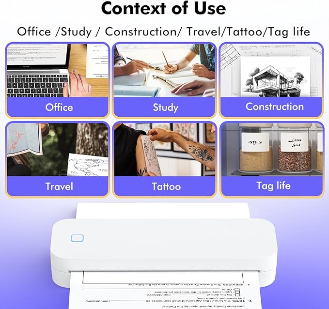 A4 Portable Thermal Transfer Printer Wireless Tattoo Transfer Printer Use with Mobile /Lap 56mm/77mm/107mm/210mm/216mm(2in/3in/4in/8in/8.5in) US Letter A5 Paper Size for Office School Compatible