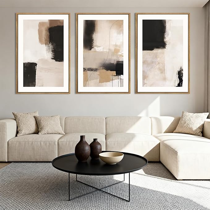 ANHUIB Neutral Abstract Wall Art Beige Modern Wall Decor 16x24 Inch Minimalist Black Paintings Set of 3 for Living Room Bedroom Dining Room