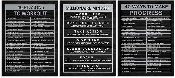 Motivational Wall Art 40 Reasons to Workout 3 Pieces Painting Canvas Print Office Decor Poster Millionaire Mindset Framed Inspirational Quotes Wall Art Decoration Ready to Hang[36''Wx 16''H]