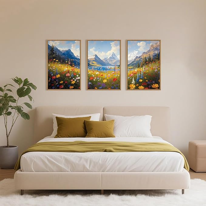HOURIA Spring Boho Vibrant Watercolor Wildflower & Snowy Mountain Framed Canvas Wall Art Set,Colorful Floral Landscape Decor,Modern Natural Field Scenery Artwork for Living Room,Bedroom,Farmhouse-16"x24"x3