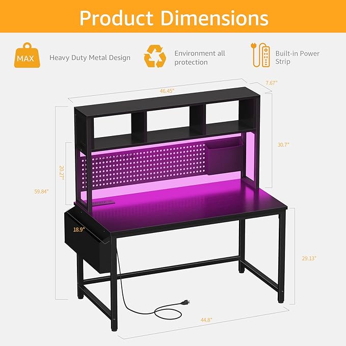 DLisiting Black Gaming Desk with Hutch and Pegboard - 47 Inch Gaming Desk with Shelves Storage Power Outlets, Computer Teen Work Study Writing Desks for Bedroom Home Office