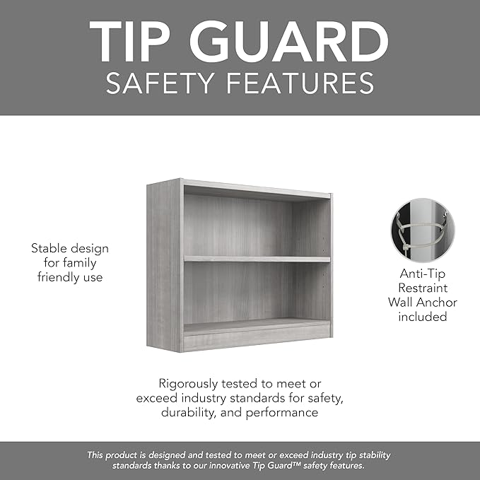 Bush Home Universal Small 2 Shelf Bookcase in Platinum Gray, Low Storage and Display Bookshelf for Home Office or Living Room Organization