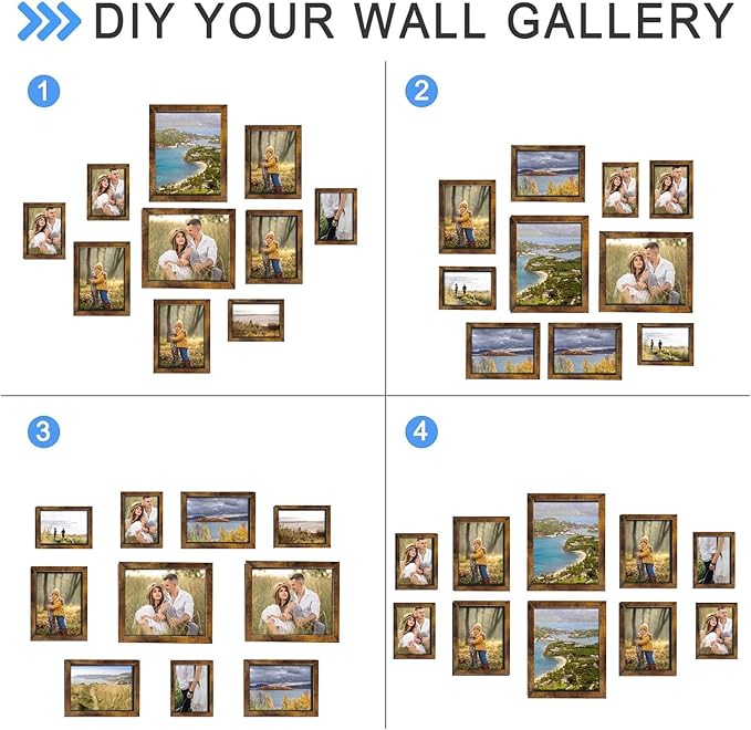 Gallery Wall Frame Set, Picture Frames Collage Wall Decor 10 Pcs, Picture Frame Set for Wall Mounting or Tabletop Display, Multi Sizes Including 8x10, 5x7, 4x6 Family Photo Frames,Rustic Brown