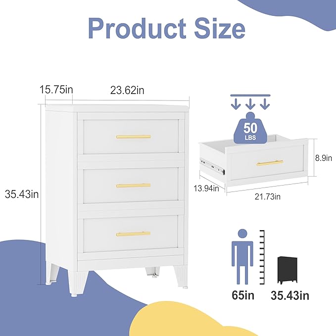 35.43" Tall Dresser for Bedroom 3 Drawers, Metal Dresser Chest of Drawers, Circular Drawer Cabinet for Home,Filing Cabinet with Drawers for Office (White)