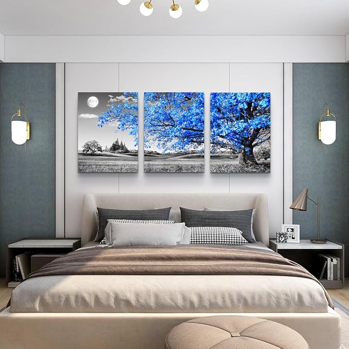 Lapremoly Canvas Wall Art For Salon Living Room Large Wall Decor For Office Bedroom Decor Black And White Nature Landscape Pictures Blue Trees Paintings Modern Home Walls Artwork 3 Pieces