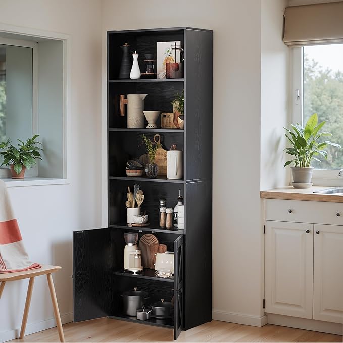 YESHOMY 6 Tier Bookcase and Bookshelf, Tall Book Shelf with Doors & Adjustable Shelves, Floor Display Storage Cabinet Home Decor for Living Room, Office, Black
