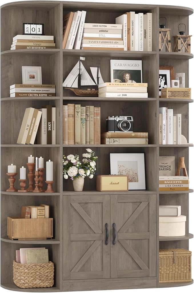 HOSTACK 75" Tall Book Shelf and Bookcase, 6 Tier Bookshelf with Storage, 47" Wide Bookcase with Door, Freestanding Wood Display Shelves with Book Storage Cabinet for Home Office, Living Room, Ash Grey