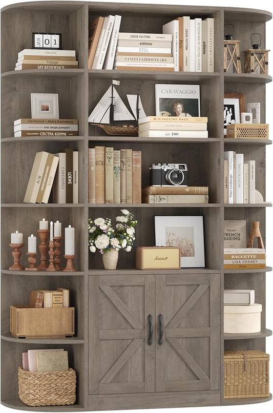 HOSTACK 75" Tall Book Shelf and Bookcase, 6 Tier Bookshelf with Storage, 47" Wide Bookcase with Door, Freestanding Wood Display Shelves with Book Storage Cabinet for Home Office, Living Room, Ash Grey