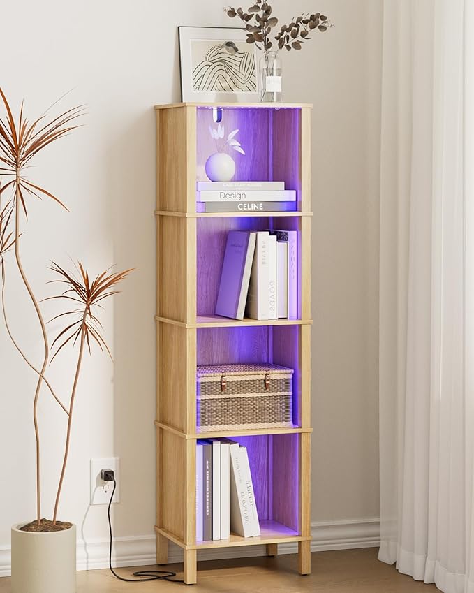 Bookshelf with LED Lights, Modern 4-Tier Bookcase, Open Storage Book Shelf, 11 × 14.2 × 50.4 Inches, Small Narrow Bookshelves for Living Room, Home Office, Bedroom, Natural