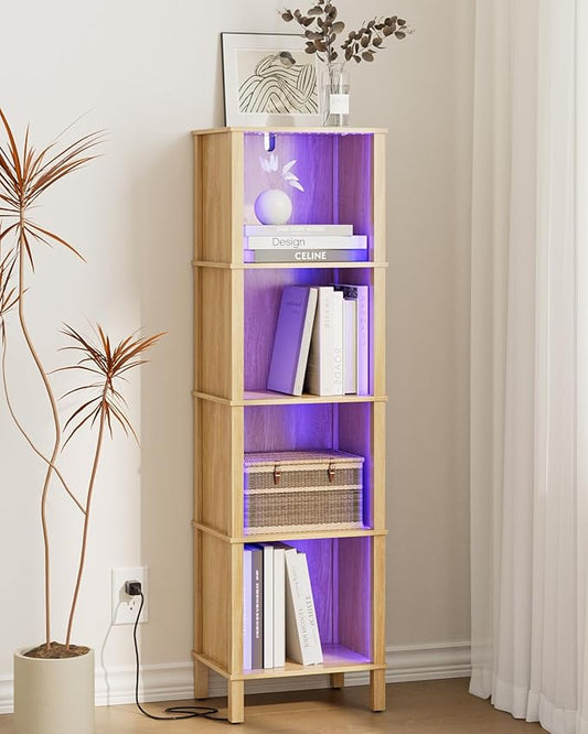 Bookshelf with LED Lights, Modern 4-Tier Bookcase, Open Storage Book Shelf, 11 × 14.2 × 50.4 Inches, Small Narrow Bookshelves for Living Room, Home Office, Bedroom, Natural