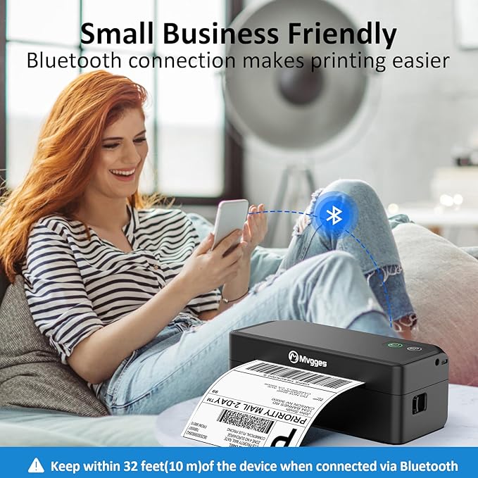 Mvgges Shipping Label Printer,Bluetooth 4x6 Thermal Label Printer for Small Business Office or Home, Compatible with Android, iOS, Windows and Mac, Widely Used for Amazon,USPS,Etsy