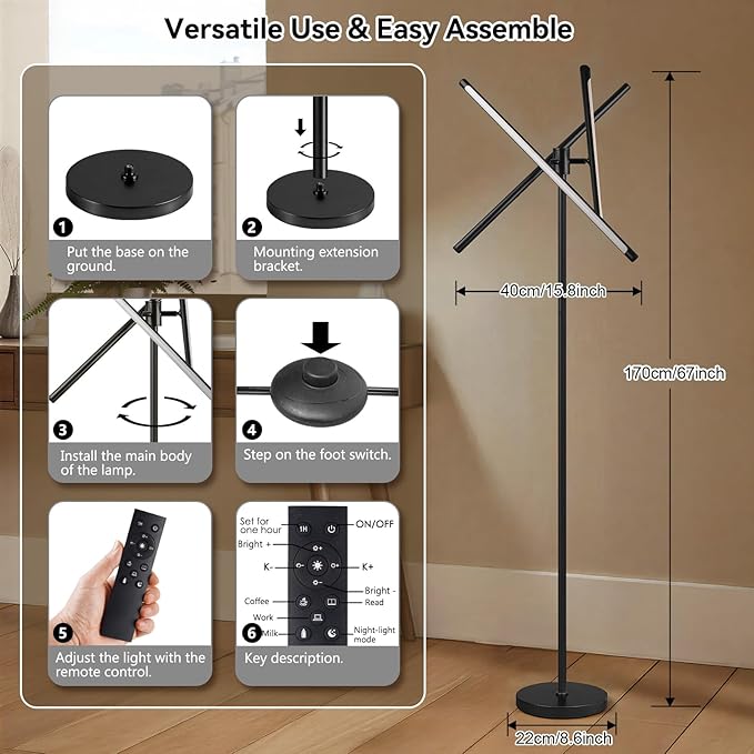 LED Dimmable Floor Lamp with Remote & Foot Switch, 2700–6000K Adjustable Color Temperature & Stepless Dimming, 3-Bar Linear Tall Standing Lamp, Slim Black Corner Floor Lamp for Living Room Bedroom