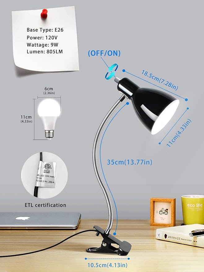 Desk lamp Eye-Caring Table Lamps, 360°Rotation Gooseneck Clip on Lamp Reading Light Portable Reading Book Light Clamp Study Desk Lamps for Bedroom and Office Home Lighting (Black)
