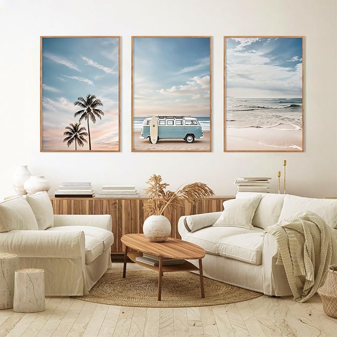 Ausril Large Surfboard Ocean Beach Framed Canvas Wall Art Set, Coastal Beach Wall Decor, Bus and Palm Tree Wall Painting, Blue Van Seaside Art Prints for Living Room, Bedroom, Dining Room - 16"x24"x3