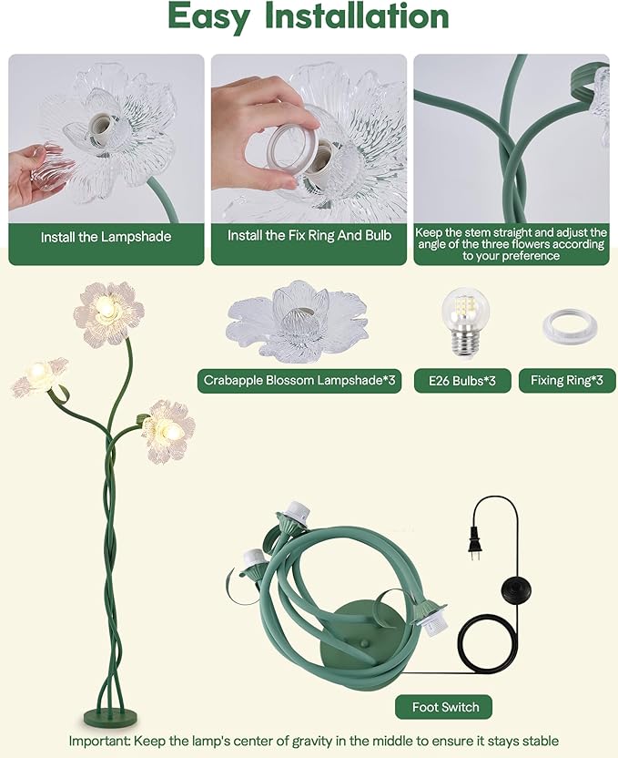 Flower Floor Lamp for Living Room, 3 Light Floor Lamps with Adjustable Gooseneck, Standing Lamp for Bedroom with 3 Color Temperatures, Tall Corner Floor Lamp for Living Room, Bedroom—Green