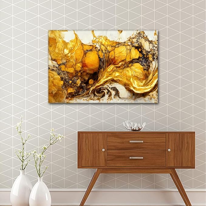 Canvas Wall Art for Home Decor Modern Abstract Artwork Gold and White Poster Prints on Canvas 1 Panel Canvas Art for Men Lady Living Room Bedroom Decor Stretched and Framed Ready to Hang 36x24 in