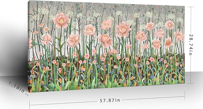 amatop Extra Large Modern Floral Canvas Print: Abstract Pink and Green Wildflowers, Stretched Ready-to-Hang Wall Art for Living Room, Bedroom, or Office (58x29 in)