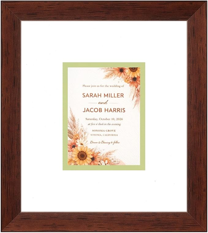 Poster Palooza Wedding Invitation Display Frame 10x11.25 in Brown With White and Spring Green Double Mat for 4.25x5.5 A2 Keepsake - 2026 Edition | USA Made