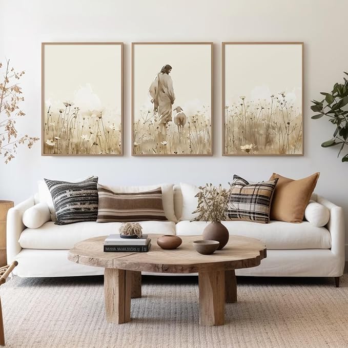 Jesus Leaves the 99 Sheep Wall Art Christian Canvas Poster Jesus and Lamb Wall Decor Religious Pictures Lost Sheep Painting God Christ Painting Artwork for Bedroom Living Room 16x24x3 Inch Unframed