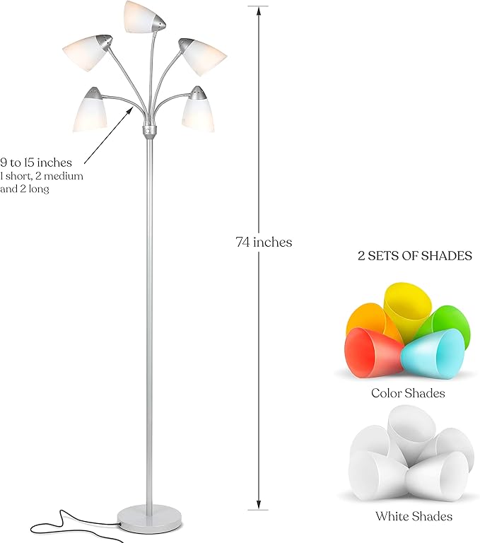 Brightech Medusa LED Floor Lamp – Multi-Head Dimmable Floor Lamp for Living Rooms & Offices – Tall Lamp with Interchangeable Shades, Adjustable Standing Lamp for Bedroom Reading – Silver