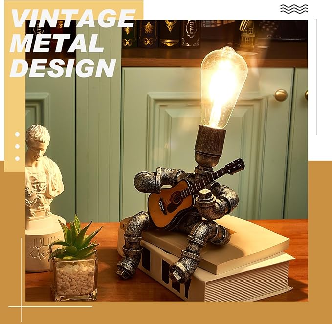 VIHOSE Metal Pipe Table Lamp, Creative Robot Style Desk Lamp, Vintage Industrial Water Pipe Light for Men Bedside Table Nightstand Bar Restaurant Cafe(Guitar Style, Silver Black)